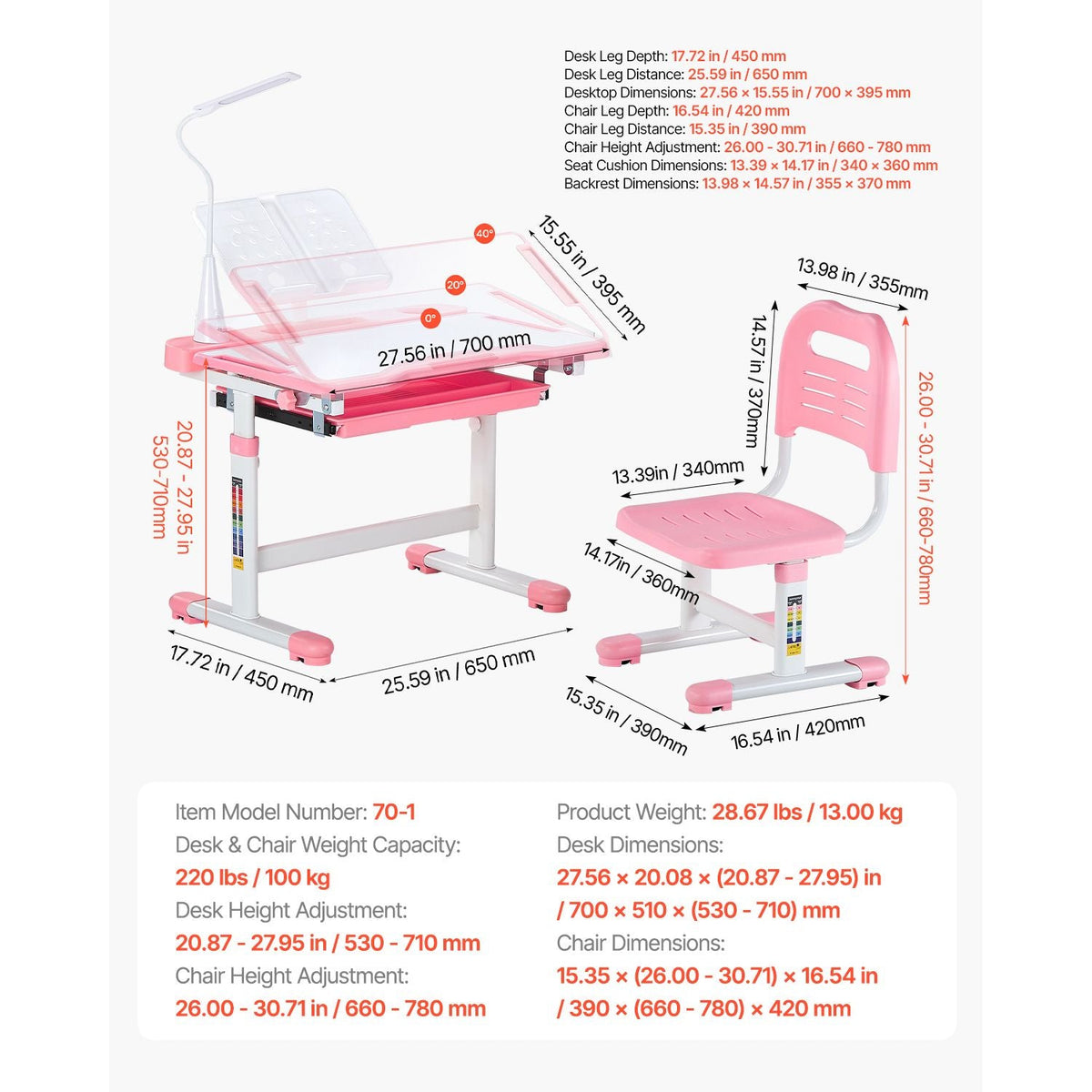 Kids Study Chair and Desk Set, Study Desk and Chair for Kids with Table Lamp, Adjustable Height & 0-40° Tilted Desktop Kids Desk and Chair, Children Study Table for Bedroom & Study Room, Pink