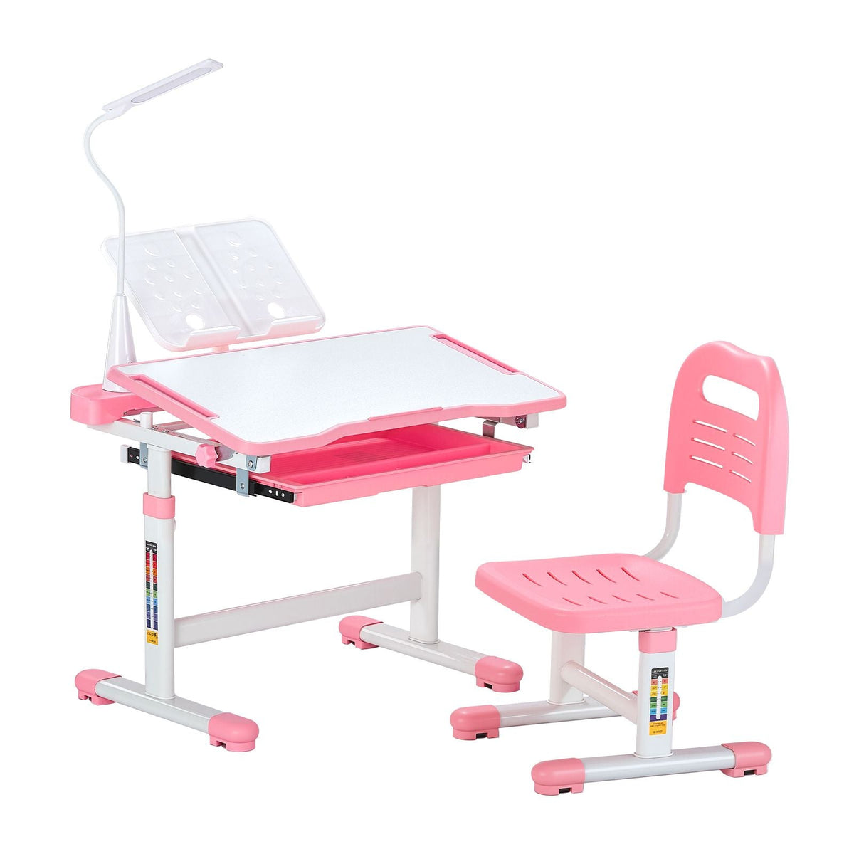 Kids Study Chair and Desk Set, Study Desk and Chair for Kids with Table Lamp, Adjustable Height & 0-40° Tilted Desktop Kids Desk and Chair, Children Study Table for Bedroom & Study Room, Pink