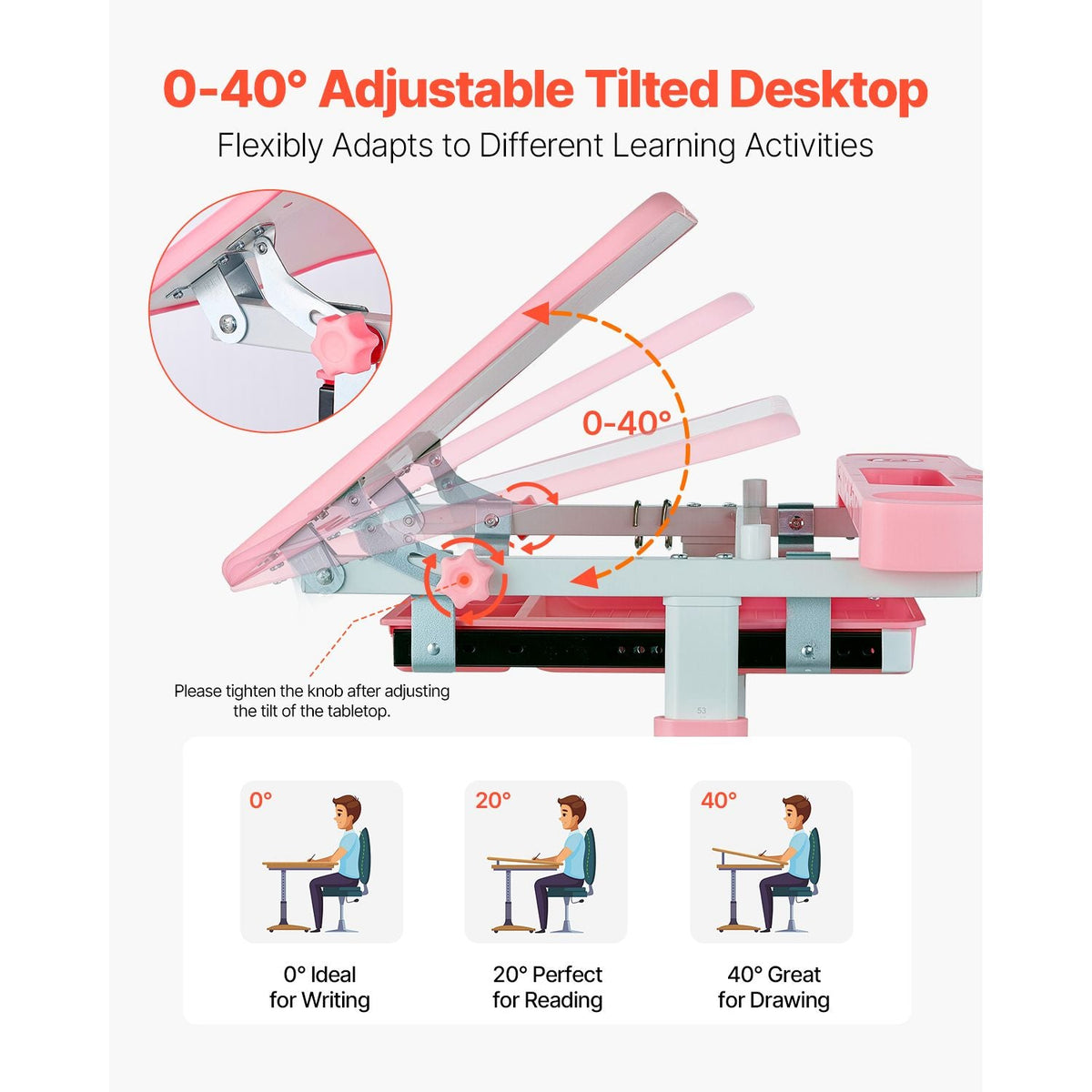 Kids Study Chair and Desk Set, Study Desk and Chair for Kids with Table Lamp, Adjustable Height & 0-40° Tilted Desktop Kids Desk and Chair, Children Study Table for Bedroom & Study Room, Pink
