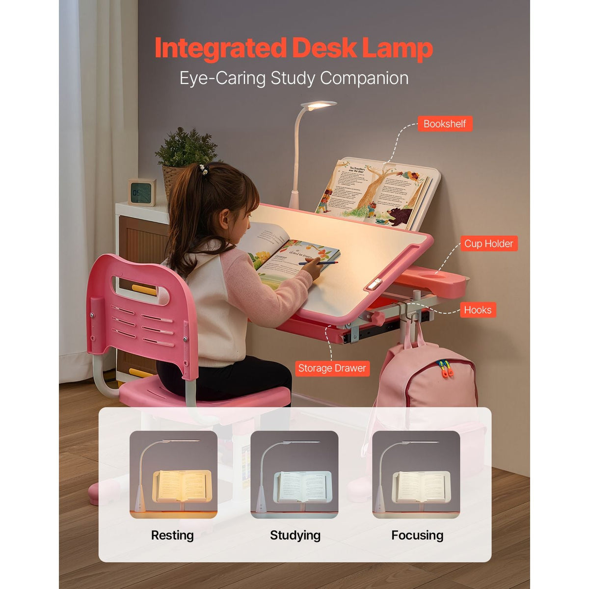 Kids Study Chair and Desk Set, Study Desk and Chair for Kids with Table Lamp, Adjustable Height & 0-40° Tilted Desktop Kids Desk and Chair, Children Study Table for Bedroom & Study Room, Pink