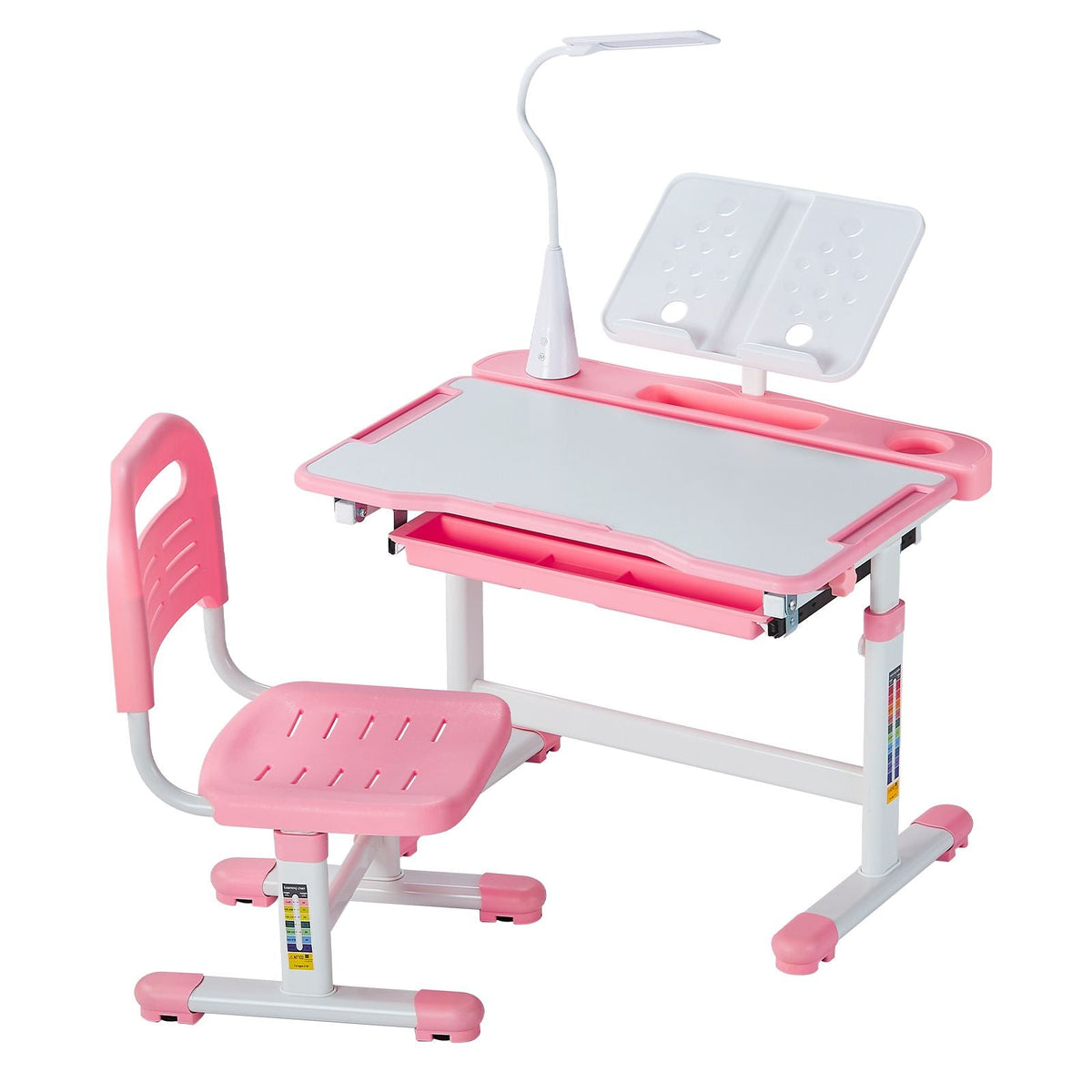 Kids Study Chair and Desk Set, Study Desk and Chair for Kids with Table Lamp, Adjustable Height & 0-40° Tilted Desktop Kids Desk and Chair, Children Study Table for Bedroom & Study Room, Pink