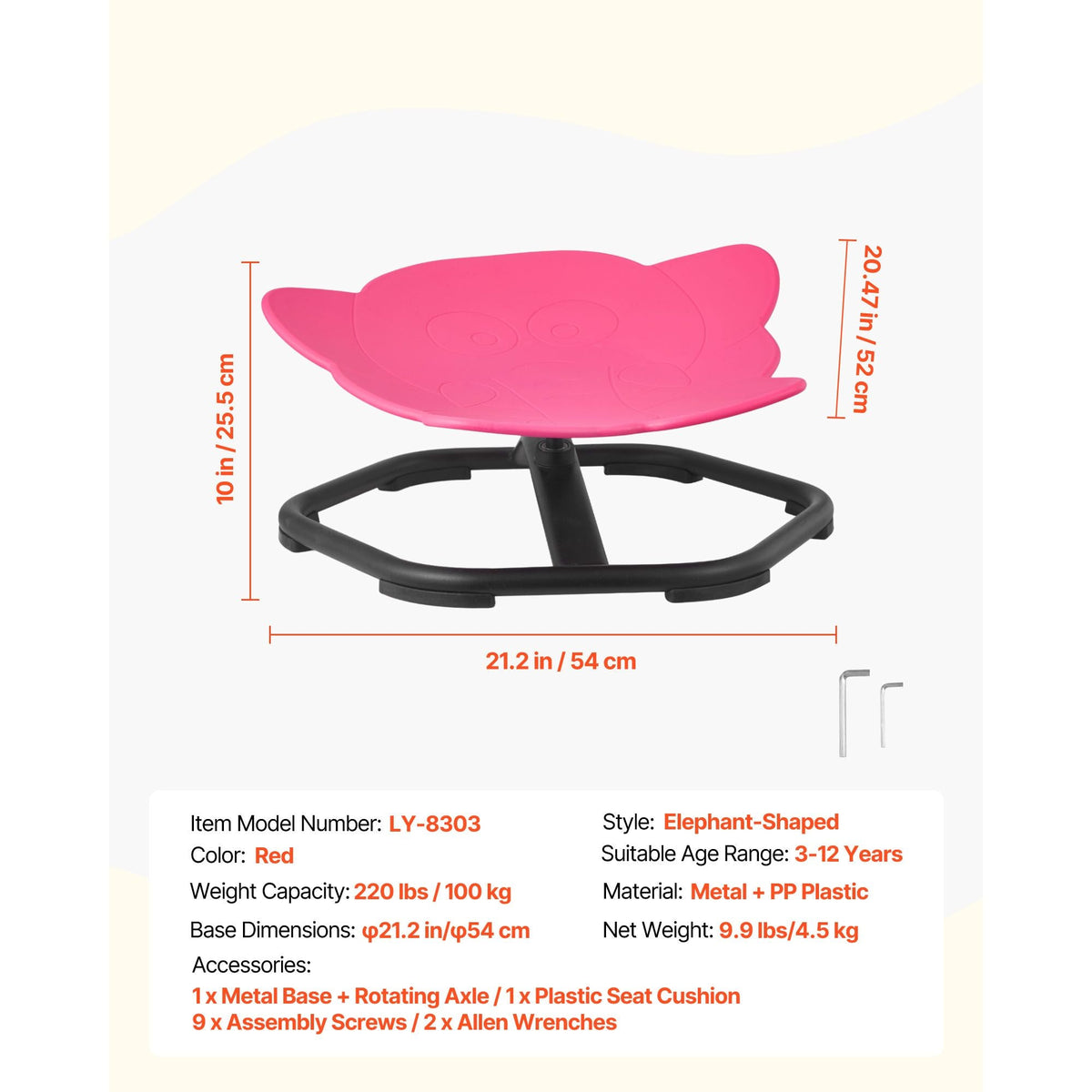 Kids Swivel Chair, 220 lbs Capacity, Elephant Shape Sensory Spinning Chair, Autistic Kids Sensory Toy Seat with Non-Slip Metal Base, Toddler Sit & Spin Seat for Coordination Balance Focus, Red