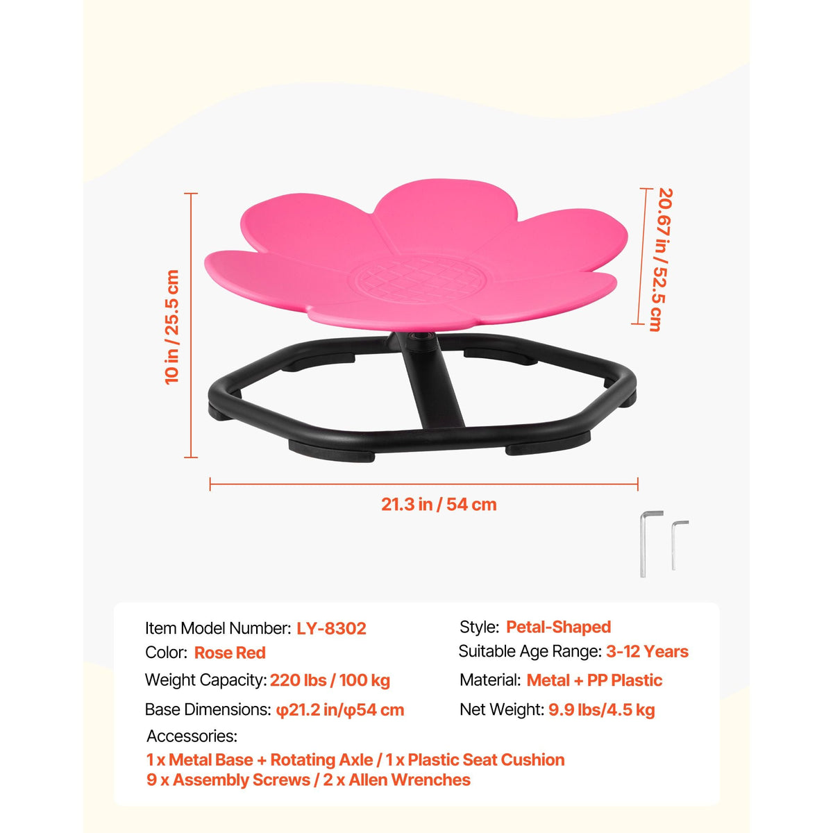 Kids Swivel Chair, 220 lbs Capacity, Flower Shape Sensory Spinning Chair, Autistic Kids Sensory Toy Seat with Non-Slip Metal Base, Toddler Sit & Spin Seat for Coordination Balance Focus, Rose