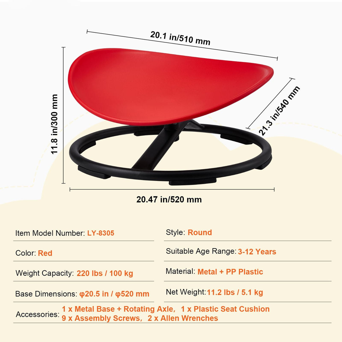 Kids Swivel Chair, 220 LBS Capacity, Sensory Spinning Chair, Autistic Kids Sensory Toy Chair with Non-Slip Metal Base, Toddler Sit and Spin Chair for Coordination Balance Focus Training Red