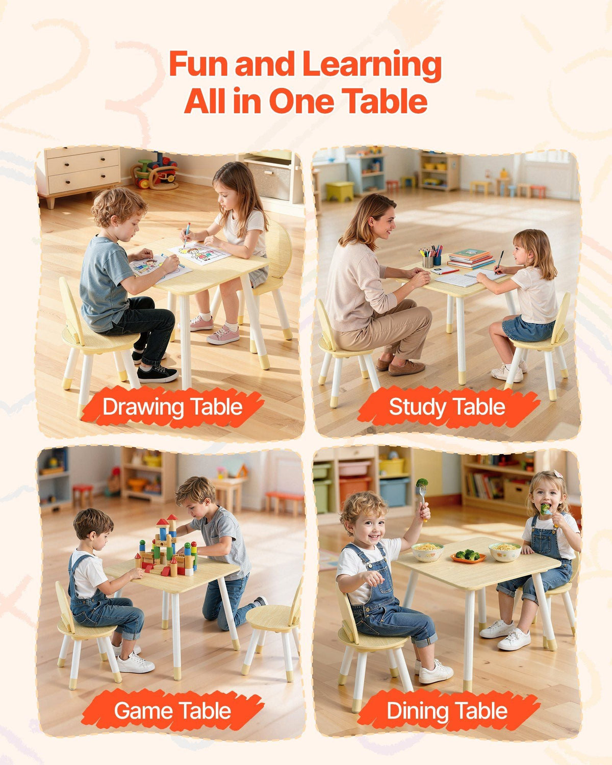 Kids Table and 2 Chairs Set, Toddler Table and Chair Set with Rounded Edge Design & Graffiti Desktop, Wooden Desk for Art, Craft, Reading, Learning, Drawing, Classroom/Daycare/Home, Burlywood