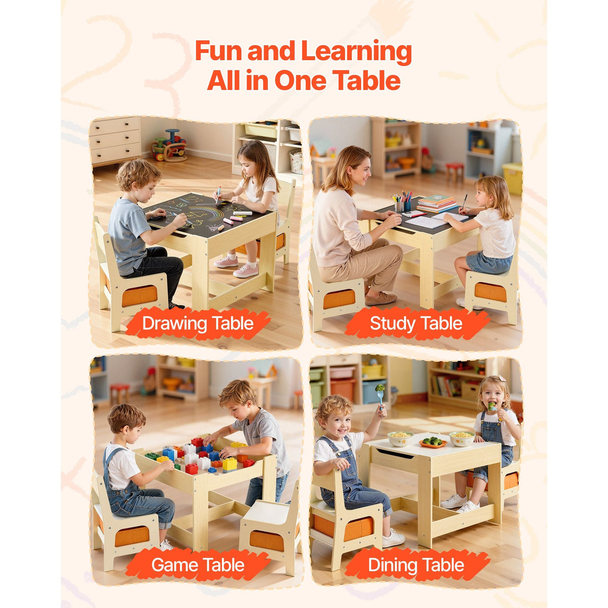 Kids Table and 2 Chairs Set, Toddler Table and Chair Set with Storage Space under the Table, Cloth Storage Box under the Chairs, Wooden Desk for Art, Craft, Reading, Learning, Drawing, Burlywood