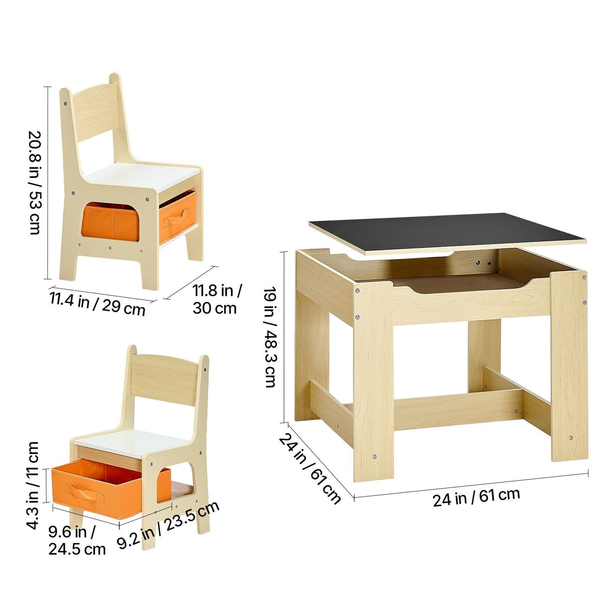 Kids Table and 2 Chairs Set, Toddler Table and Chair Set with Storage Space under the Table, Cloth Storage Box under the Chairs, Wooden Desk for Art, Craft, Reading, Learning, Drawing, Burlywood