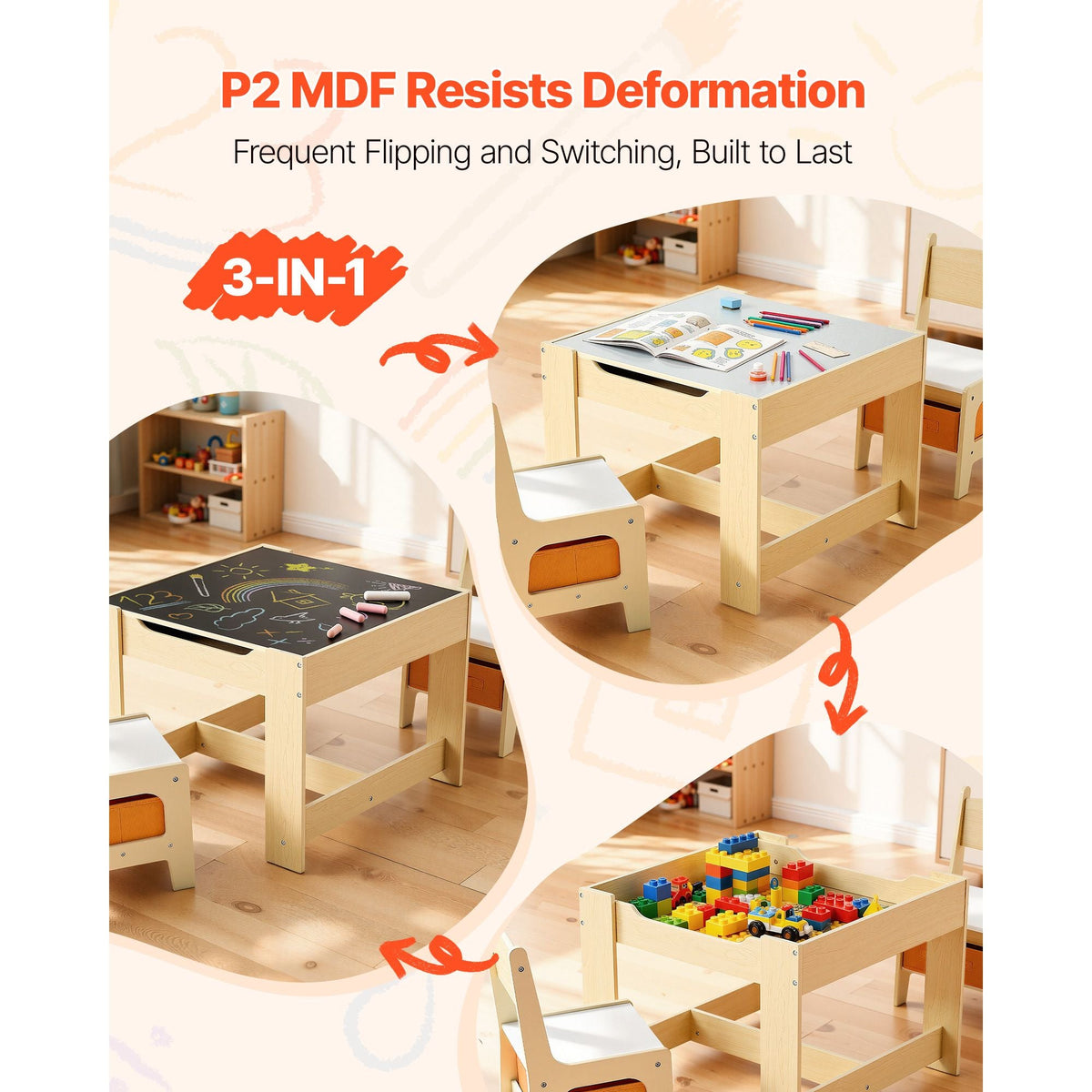 Kids Table and 2 Chairs Set, Toddler Table and Chair Set with Storage Space under the Table, Cloth Storage Box under the Chairs, Wooden Desk for Art, Craft, Reading, Learning, Drawing, Burlywood
