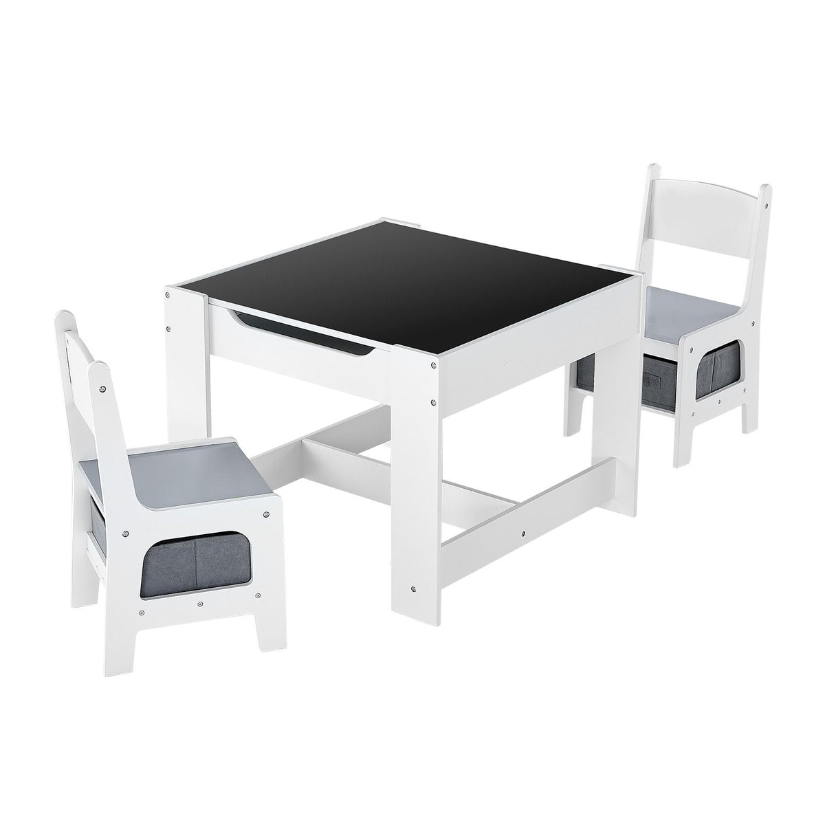 Kids Table and 2 Chairs Set, Toddler Table and Chair Set with Storage Space under the Table, Cloth Storage Box under the Chairs, Wooden Desk for Art, Craft, Reading, Learning, Drawing, White