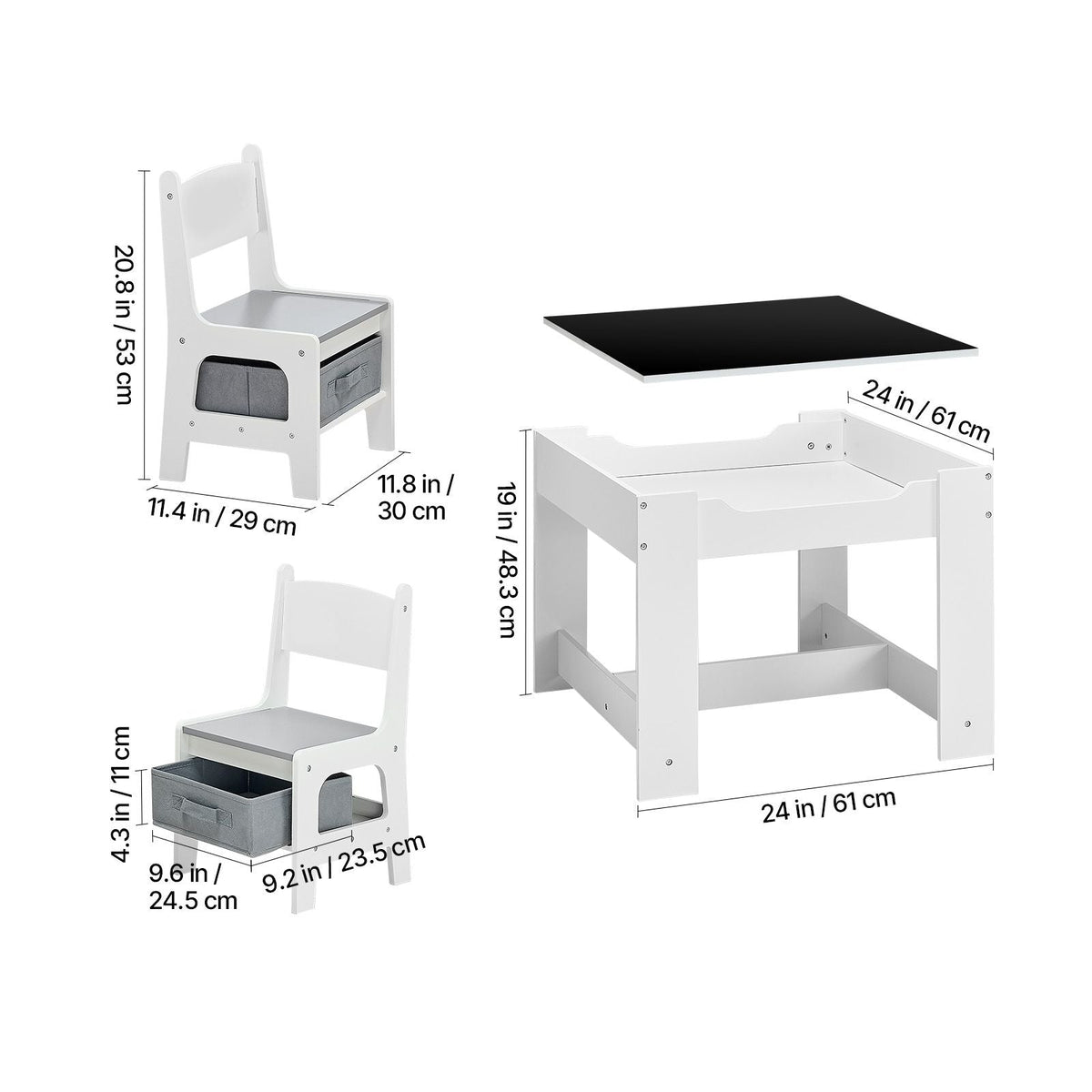Kids Table and 2 Chairs Set, Toddler Table and Chair Set with Storage Space under the Table, Cloth Storage Box under the Chairs, Wooden Desk for Art, Craft, Reading, Learning, Drawing, White