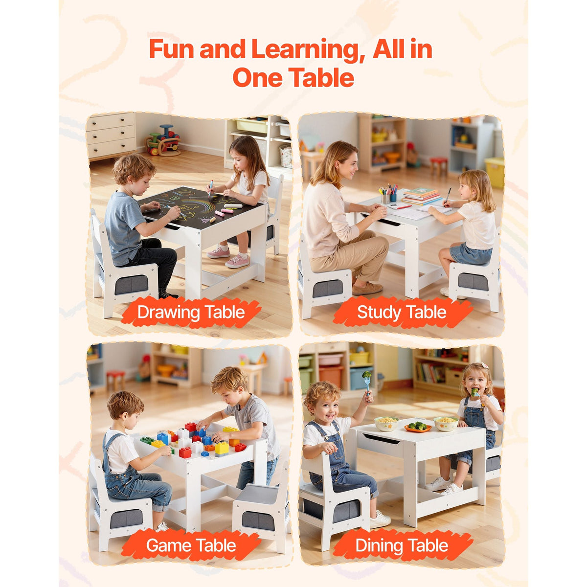 Kids Table and 2 Chairs Set, Toddler Table and Chair Set with Storage Space under the Table, Cloth Storage Box under the Chairs, Wooden Desk for Art, Craft, Reading, Learning, Drawing, White