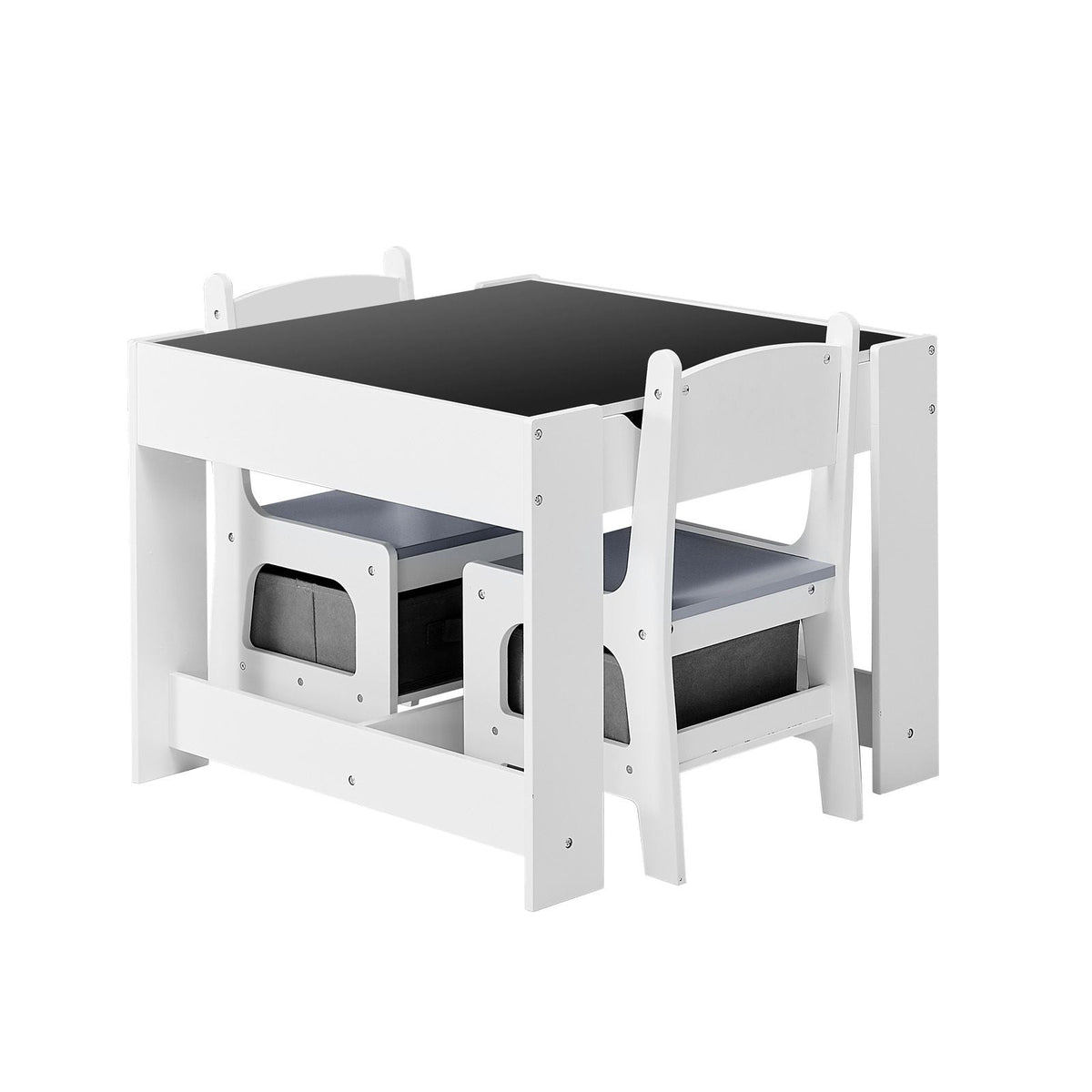 Kids Table and 2 Chairs Set, Toddler Table and Chair Set with Storage Space under the Table, Cloth Storage Box under the Chairs, Wooden Desk for Art, Craft, Reading, Learning, Drawing, White