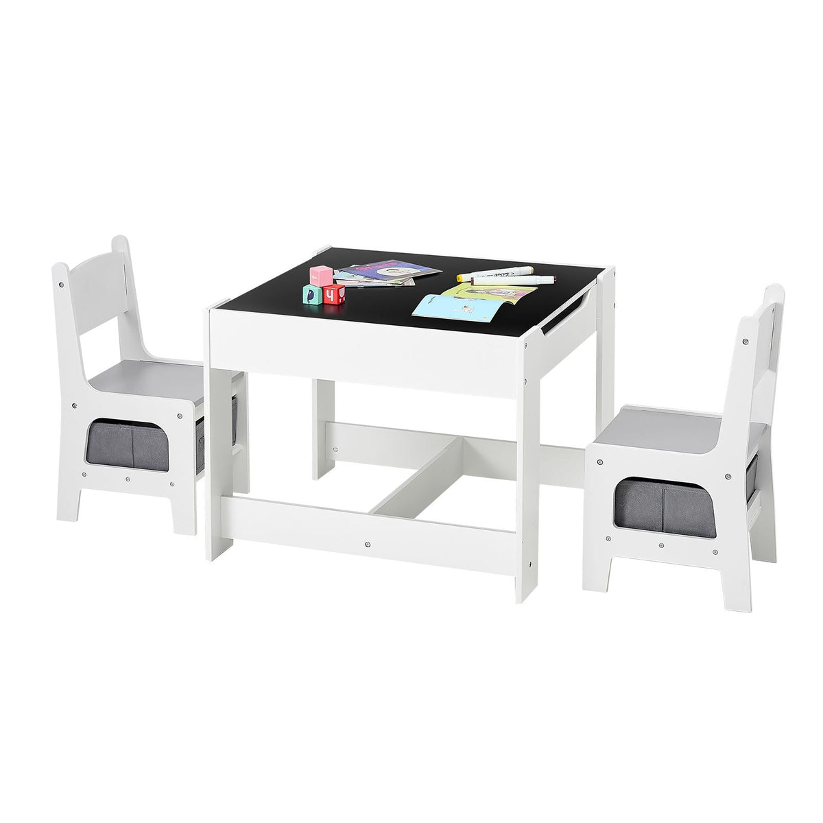 Kids Table and 2 Chairs Set, Toddler Table and Chair Set with Storage Space under the Table, Cloth Storage Box under the Chairs, Wooden Desk for Art, Craft, Reading, Learning, Drawing, White