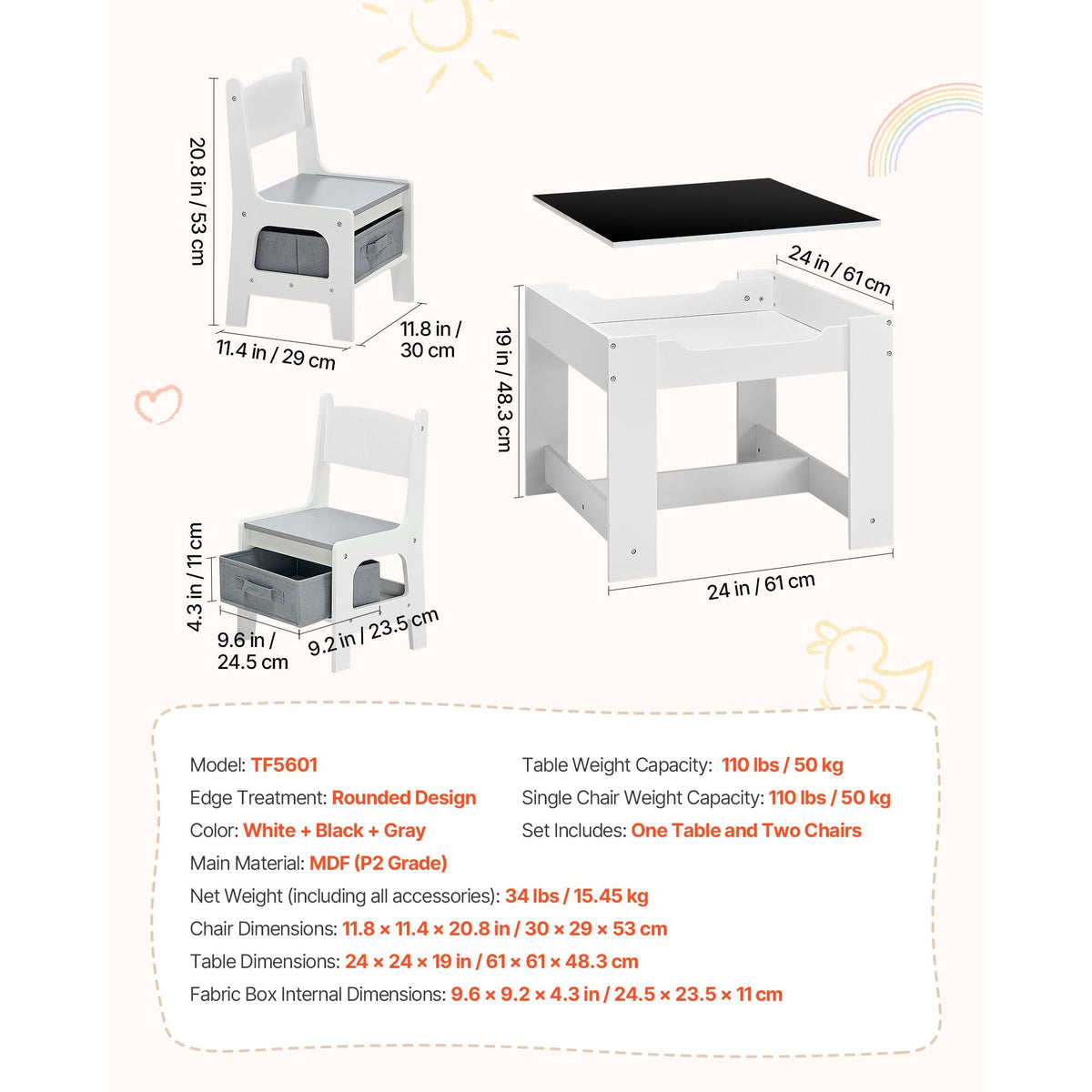 Kids Table and 2 Chairs Set, Toddler Table and Chair Set with Storage Space under the Table, Cloth Storage Box under the Chairs, Wooden Desk for Art, Craft, Reading, Learning, Drawing, White