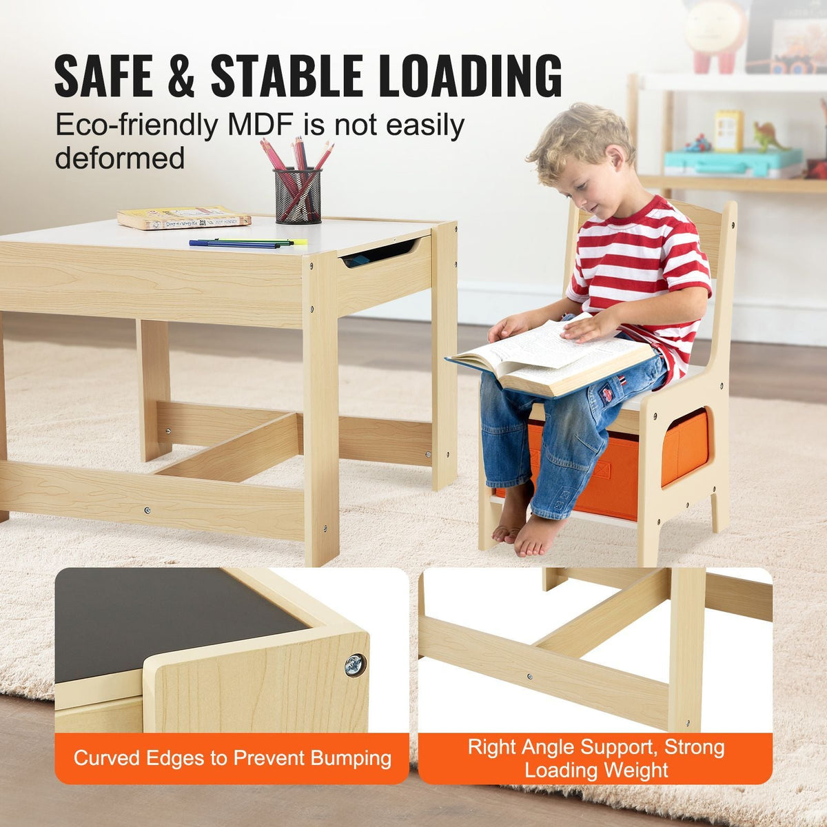 Kids Table and Chair Set, Wooden Activity Table with Storage Space and Boxes, Kids Play Table for Toddlers Art, Craft, Reading, Learning