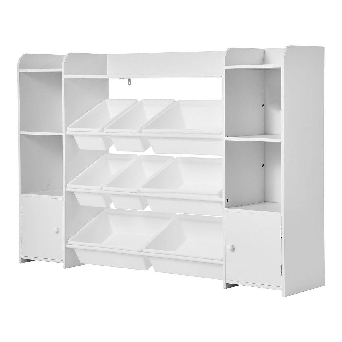 Kids Toy Storage and Bookshelf, 4-Tier Large Toy Storage Organizer with 8 Flexible Plastic Bins, Kids Cubby Cabinet with Bookshelf for Study Room, Bedroom, Playroom, Classroom, Nursery, White