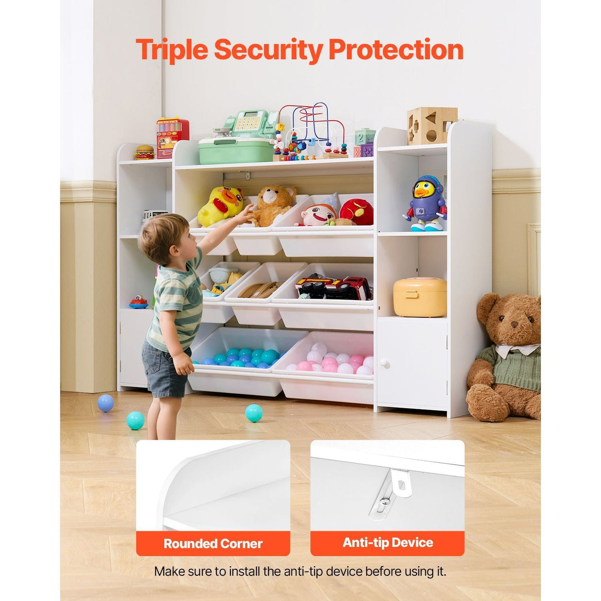 Kids Toy Storage and Bookshelf, 4-Tier Large Toy Storage Organizer with 8 Flexible Plastic Bins, Kids Cubby Cabinet with Bookshelf for Study Room, Bedroom, Playroom, Classroom, Nursery, White