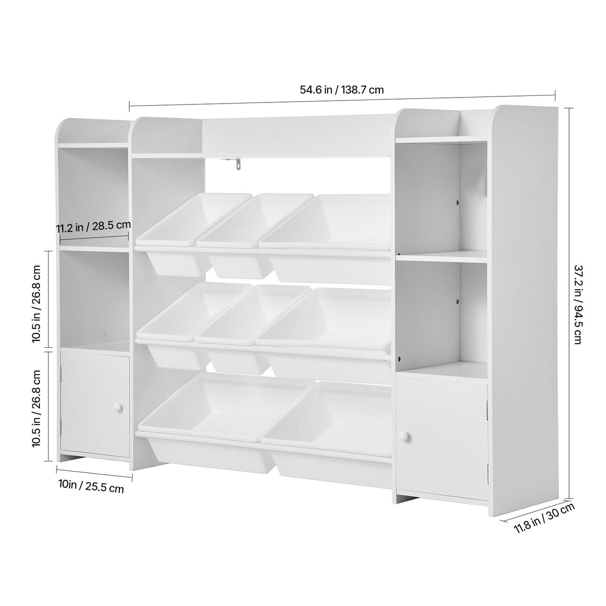 Kids Toy Storage and Bookshelf, 4-Tier Large Toy Storage Organizer with 8 Flexible Plastic Bins, Kids Cubby Cabinet with Bookshelf for Study Room, Bedroom, Playroom, Classroom, Nursery, White