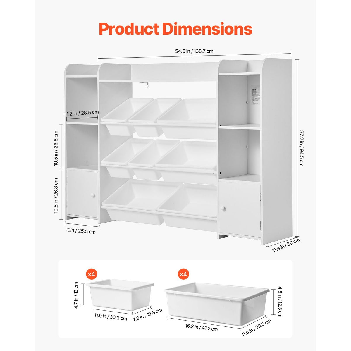 Kids Toy Storage and Bookshelf, 4-Tier Large Toy Storage Organizer with 8 Flexible Plastic Bins, Kids Cubby Cabinet with Bookshelf for Study Room, Bedroom, Playroom, Classroom, Nursery, White