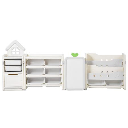 Kids Toy Storage with Bookshelf, 4-Tier Large Toy Storage Organizer with 10 Plastic Movable Bins, Kids Cubby Cabinet with Bookshelf and Drawing Board for Study Room, Playroom, Classroom, Nursery