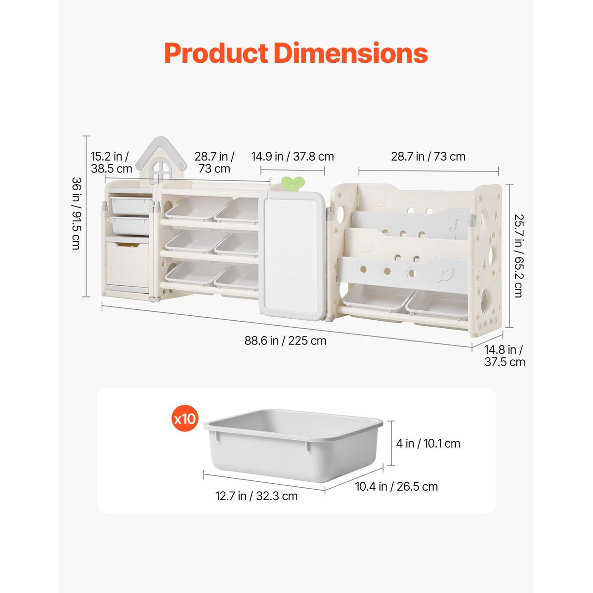 Kids Toy Storage with Bookshelf, 4-Tier Large Toy Storage Organizer with 10 Plastic Movable Bins, Kids Cubby Cabinet with Bookshelf and Drawing Board for Study Room, Playroom, Classroom, Nursery
