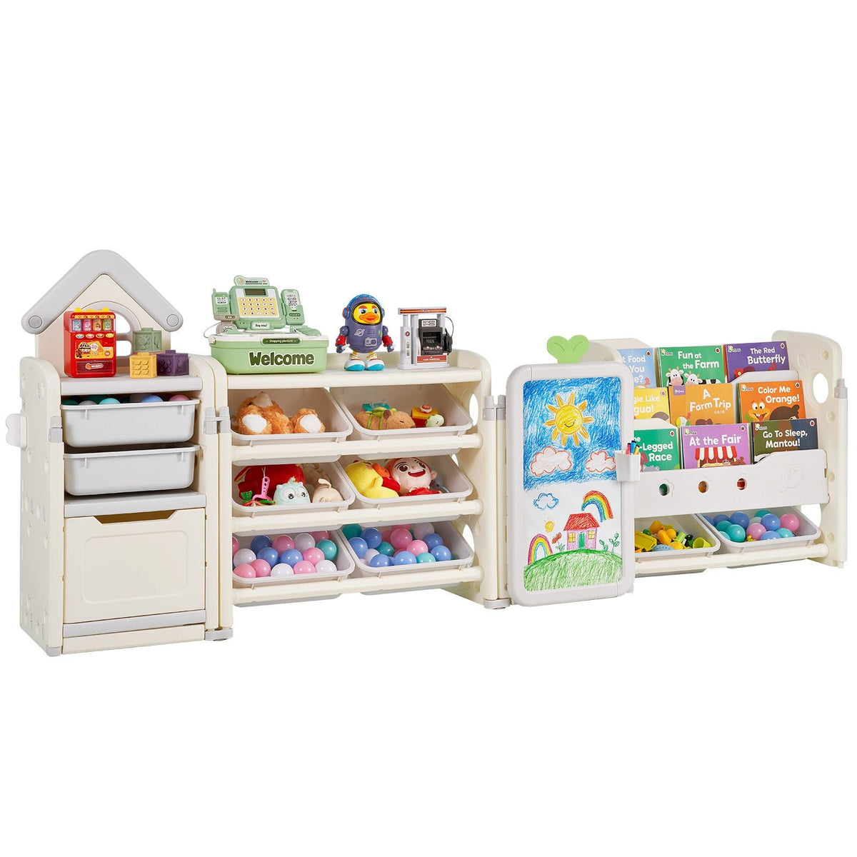 Kids Toy Storage with Bookshelf, 4-Tier Large Toy Storage Organizer with 10 Plastic Movable Bins, Kids Cubby Cabinet with Bookshelf and Drawing Board for Study Room, Playroom, Classroom, Nursery