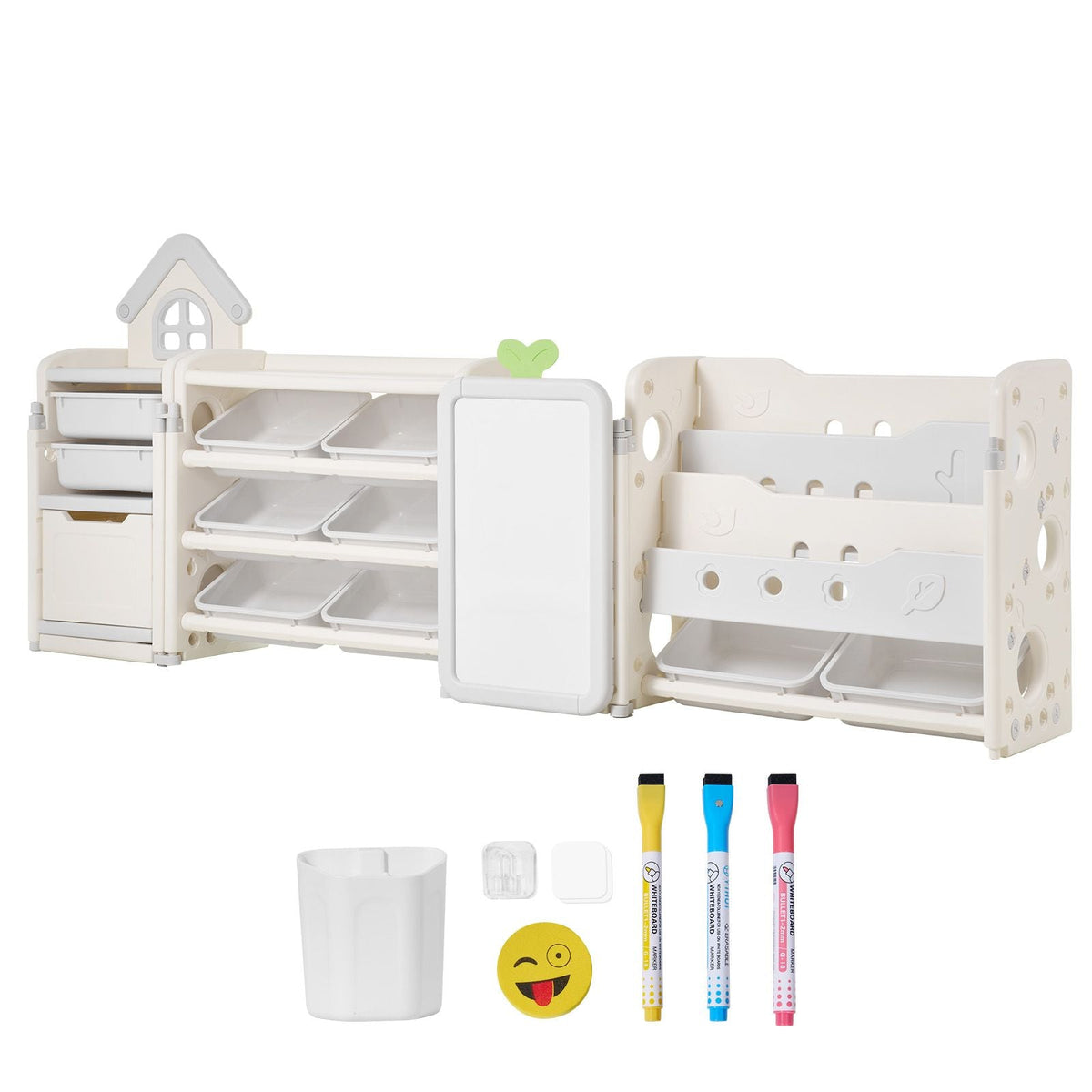 Kids Toy Storage with Bookshelf, 4-Tier Large Toy Storage Organizer with 10 Plastic Movable Bins, Kids Cubby Cabinet with Bookshelf and Drawing Board for Study Room, Playroom, Classroom, Nursery