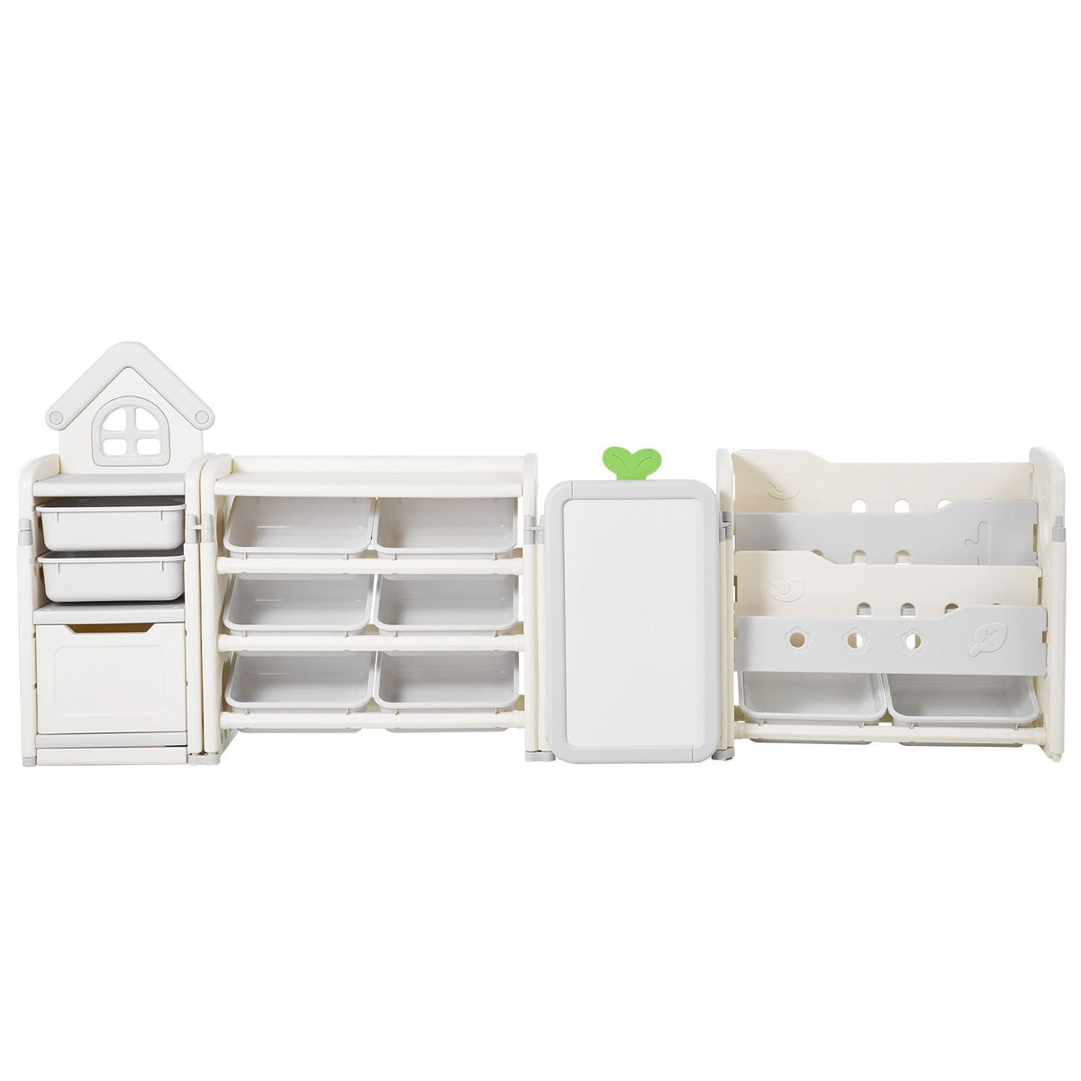 Kids Toy Storage with Bookshelf, 4-Tier Large Toy Storage Organizer with 10 Plastic Movable Bins, Kids Cubby Cabinet with Bookshelf and Drawing Board for Study Room, Playroom, Classroom, Nursery