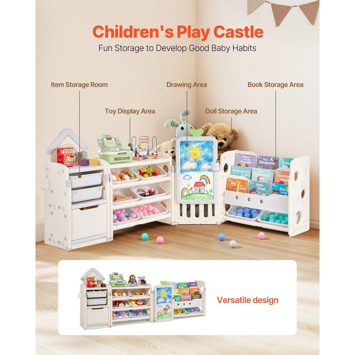 Kids Toy Storage with Bookshelf, 4-Tier Large Toy Storage Organizer with 10 Plastic Movable Bins, Kids Cubby Cabinet with Bookshelf and Drawing Board for Study Room, Playroom, Classroom, Nursery