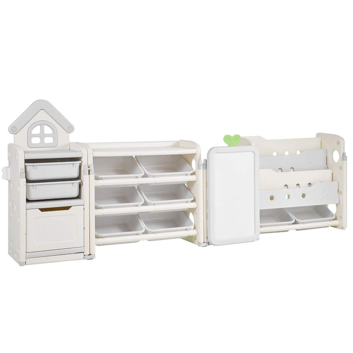 Kids Toy Storage with Bookshelf, 4-Tier Large Toy Storage Organizer with 10 Plastic Movable Bins, Kids Cubby Cabinet with Bookshelf and Drawing Board for Study Room, Playroom, Classroom, Nursery