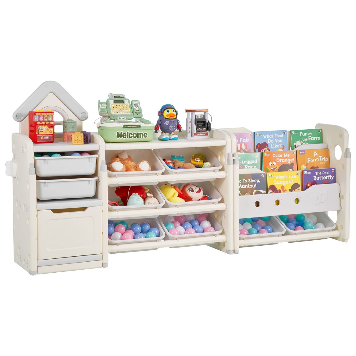 Kids Toy Storage with Bookshelf, 4-Tier Toy Storage Organizer with 10 Movable Plastic Bins, Kids Cubby Cabinet with Bookshelf for Study Room, Bedroom, Playroom, Classroom, Nursery, Gray + Beige