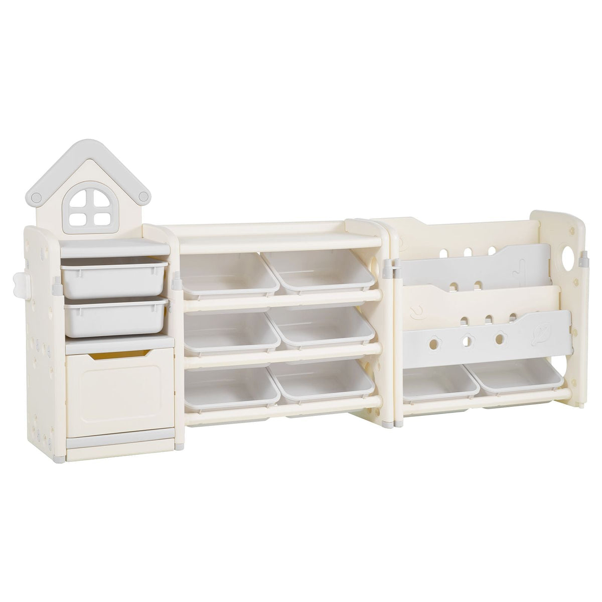 Kids Toy Storage with Bookshelf, 4-Tier Toy Storage Organizer with 10 Movable Plastic Bins, Kids Cubby Cabinet with Bookshelf for Study Room, Bedroom, Playroom, Classroom, Nursery, Gray + Beige