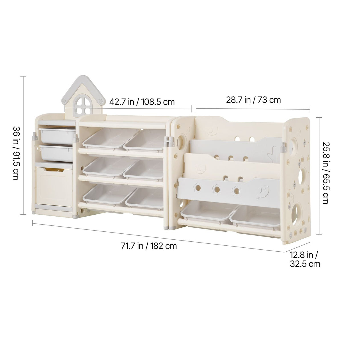 Kids Toy Storage with Bookshelf, 4-Tier Toy Storage Organizer with 10 Movable Plastic Bins, Kids Cubby Cabinet with Bookshelf for Study Room, Bedroom, Playroom, Classroom, Nursery, Gray + Beige