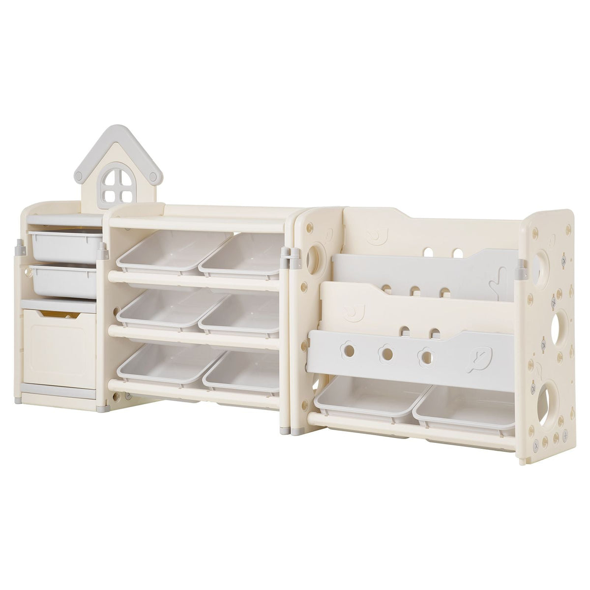 Kids Toy Storage with Bookshelf, 4-Tier Toy Storage Organizer with 10 Movable Plastic Bins, Kids Cubby Cabinet with Bookshelf for Study Room, Bedroom, Playroom, Classroom, Nursery, Gray + Beige