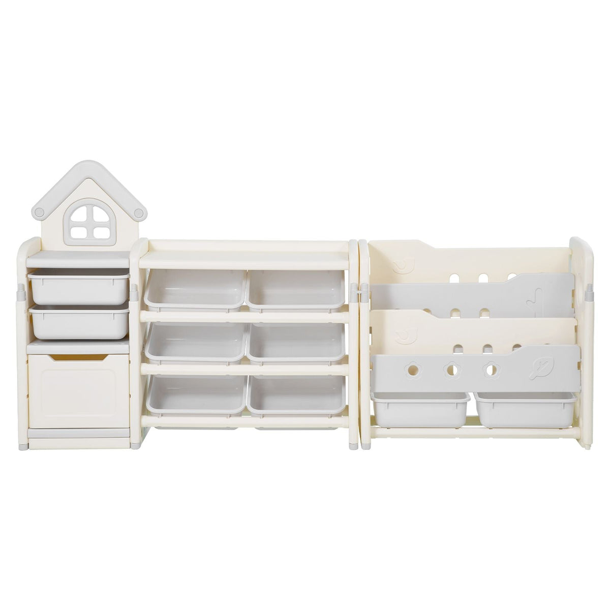 Kids Toy Storage with Bookshelf, 4-Tier Toy Storage Organizer with 10 Movable Plastic Bins, Kids Cubby Cabinet with Bookshelf for Study Room, Bedroom, Playroom, Classroom, Nursery, Gray + Beige