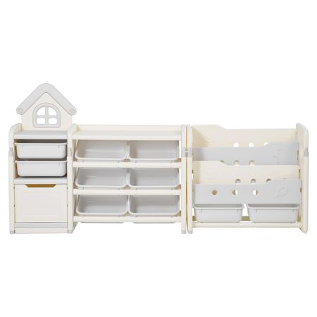 Kids Toy Storage with Bookshelf, 4-Tier Toy Storage Organizer with 10 Movable Plastic Bins, Kids Cubby Cabinet with Bookshelf for Study Room, Bedroom, Playroom, Classroom, Nursery, Gray + Beige