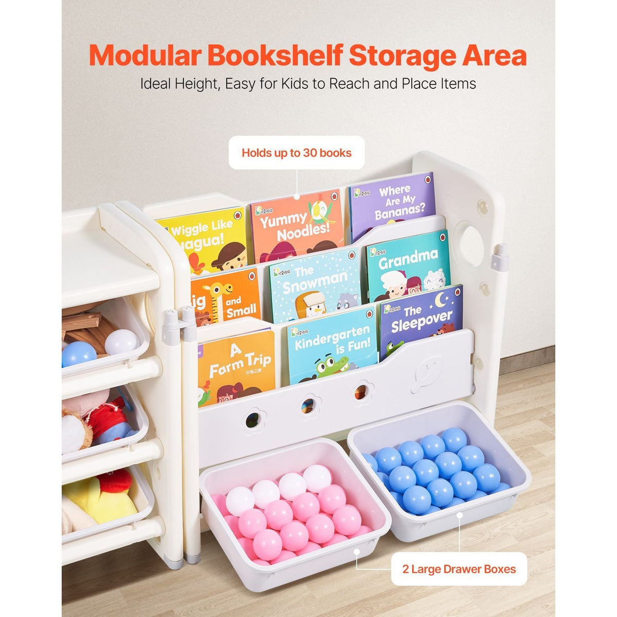 Kids Toy Storage with Bookshelf, 4-Tier Toy Storage Organizer with 10 Movable Plastic Bins, Kids Cubby Cabinet with Bookshelf for Study Room, Bedroom, Playroom, Classroom, Nursery, Gray + Beige