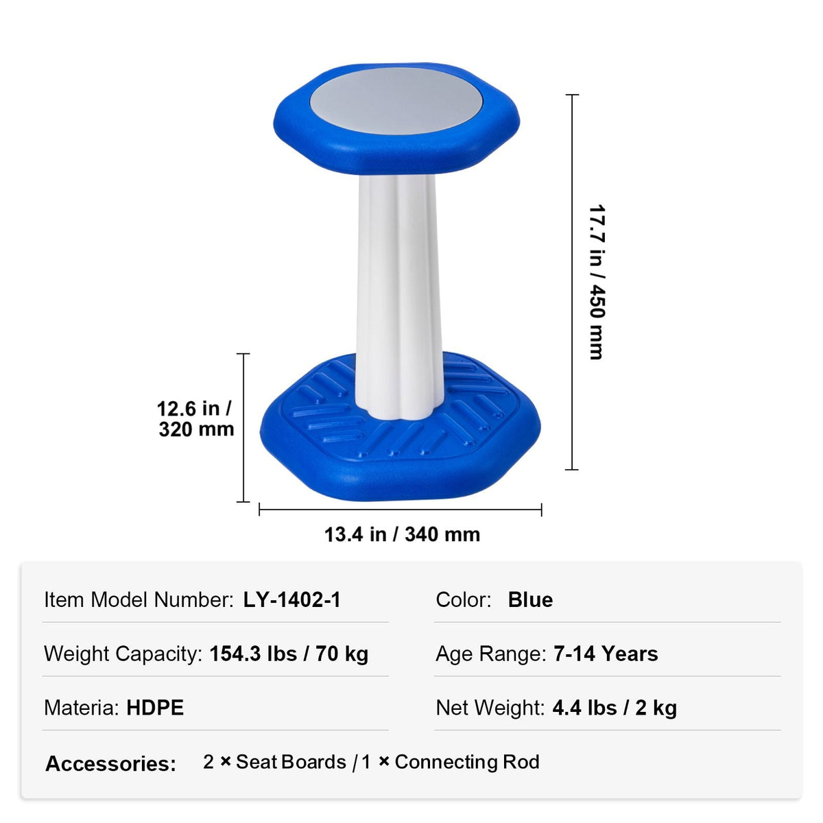 Kids Wobble Chair, Active Chair with Sponge Cushion, Wobble Stool Improves Focus, Posture and Calm Children, Ideal for Schools and Home, Age 7-14, Blue