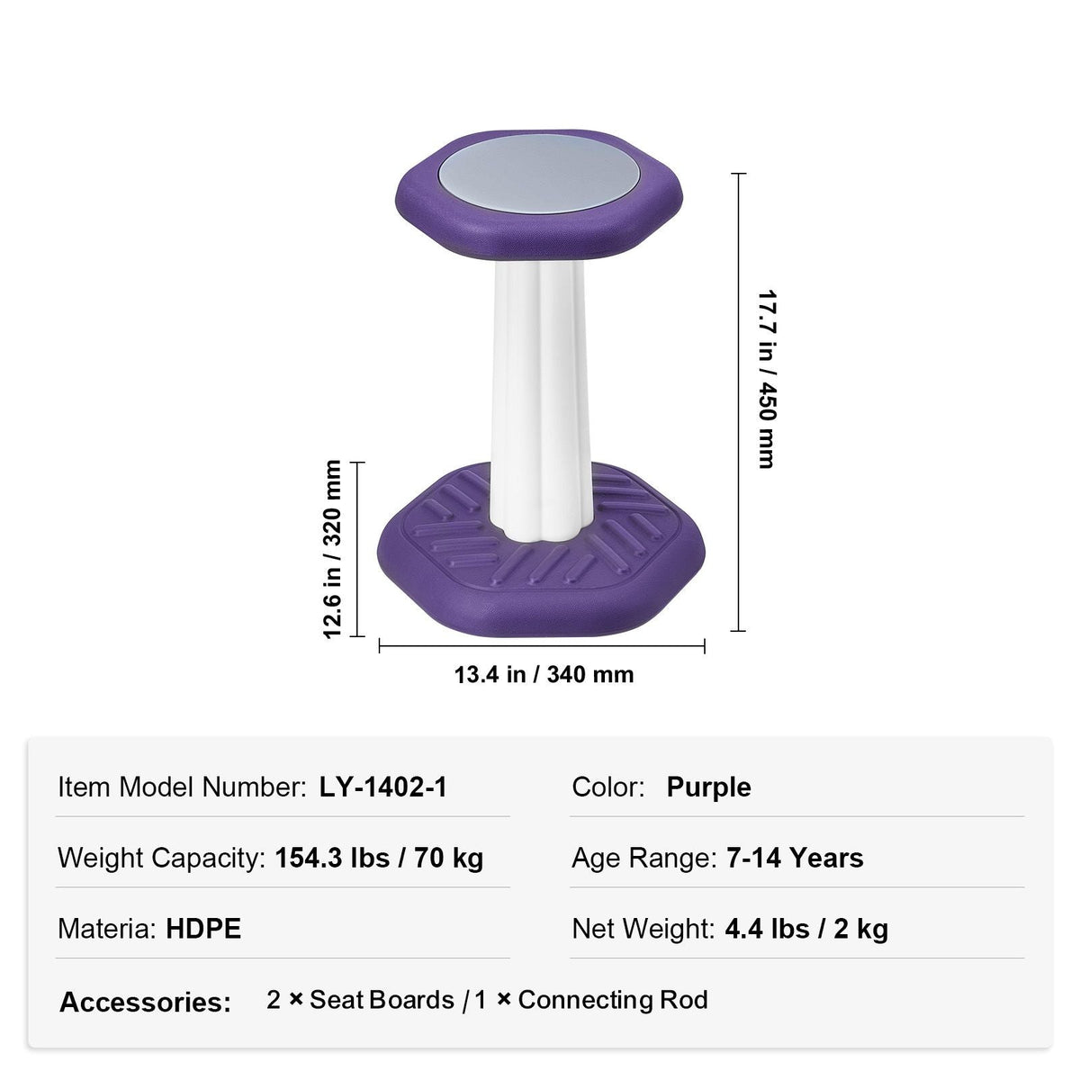 Kids Wobble Chair, Active Chair with Sponge Cushion, Wobble Stool Improves Focus, Posture and Calm Children, Ideal for Schools and Home, Age 7-14, Purple