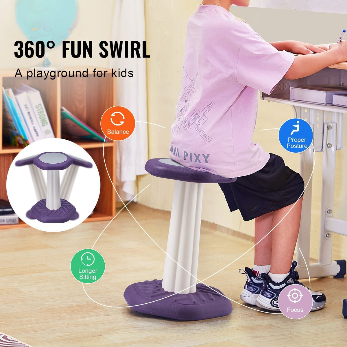 Kids Wobble Chair, Active Chair with Sponge Cushion, Wobble Stool Improves Focus, Posture and Calm Children, Ideal for Schools and Home, Age 7-14, Purple