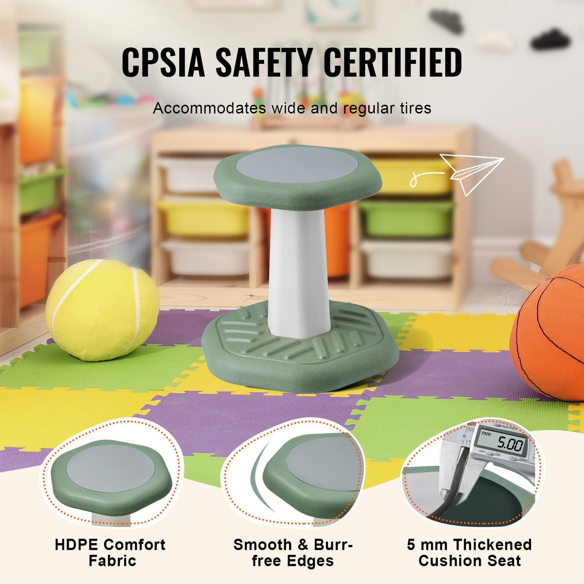 Kids Wobble Chair Active Chair with Sponge Cushion, Wobble Stool Improves Focus, Posture and Calm Children, Ideal for Schools and Preschools, Age 3-7, Green