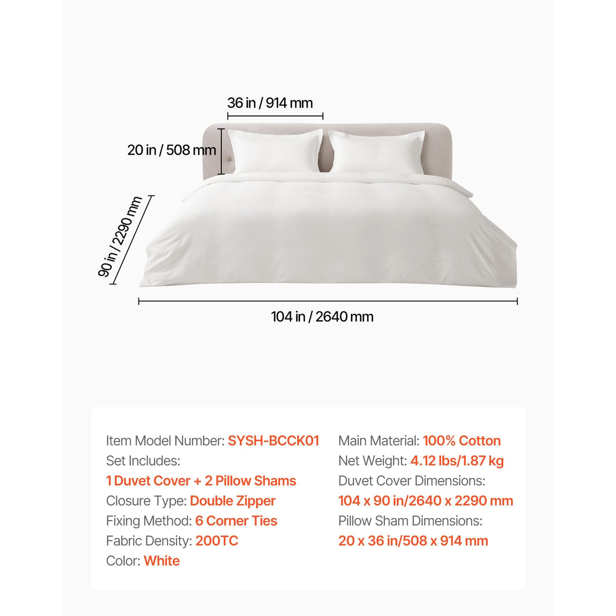 King Duvet Cover Set, 100% Cotton, 3 Pieces Bedding Set King Size with 1 Duvet Cover 104 x 90 in and 2 Pillow Shams 20 x 36 in, Soft Breathable, Double Zipper Closure, for Home Bedding, White