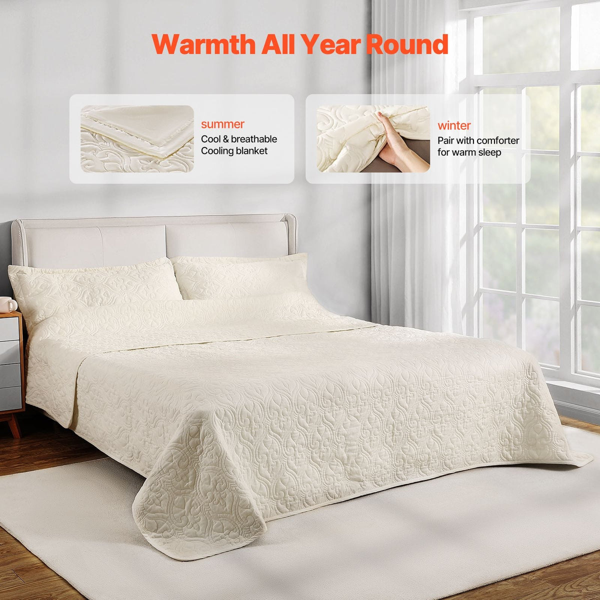 King Quilt Set, 3-Piece Lightweight Comforter, Cotton King Size Quilt Bedding Set, Beige Bedspreads with 1 Quilt and 2 Pillow Shams, Lightweight Bedspread Coverlet Bedding Set, for All Season