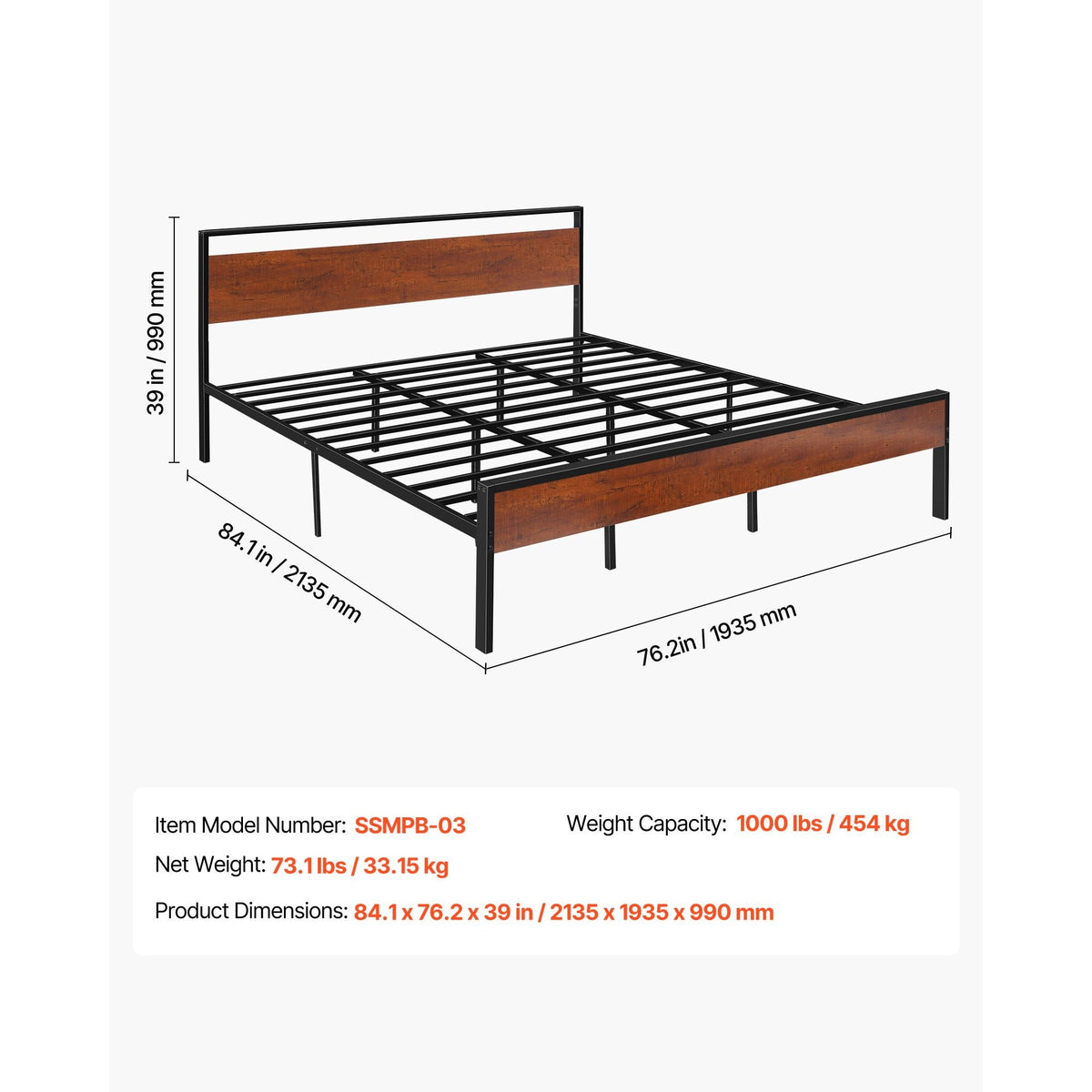 King Size Bed Frame, 14 Inch Black Metal Platform Bed Frame with Retro Brown Wooden Headboard and Footboard, Large Under-Bed Storage, Non-Slip Without Noise, No Box Spring Needed, Easy Assembly