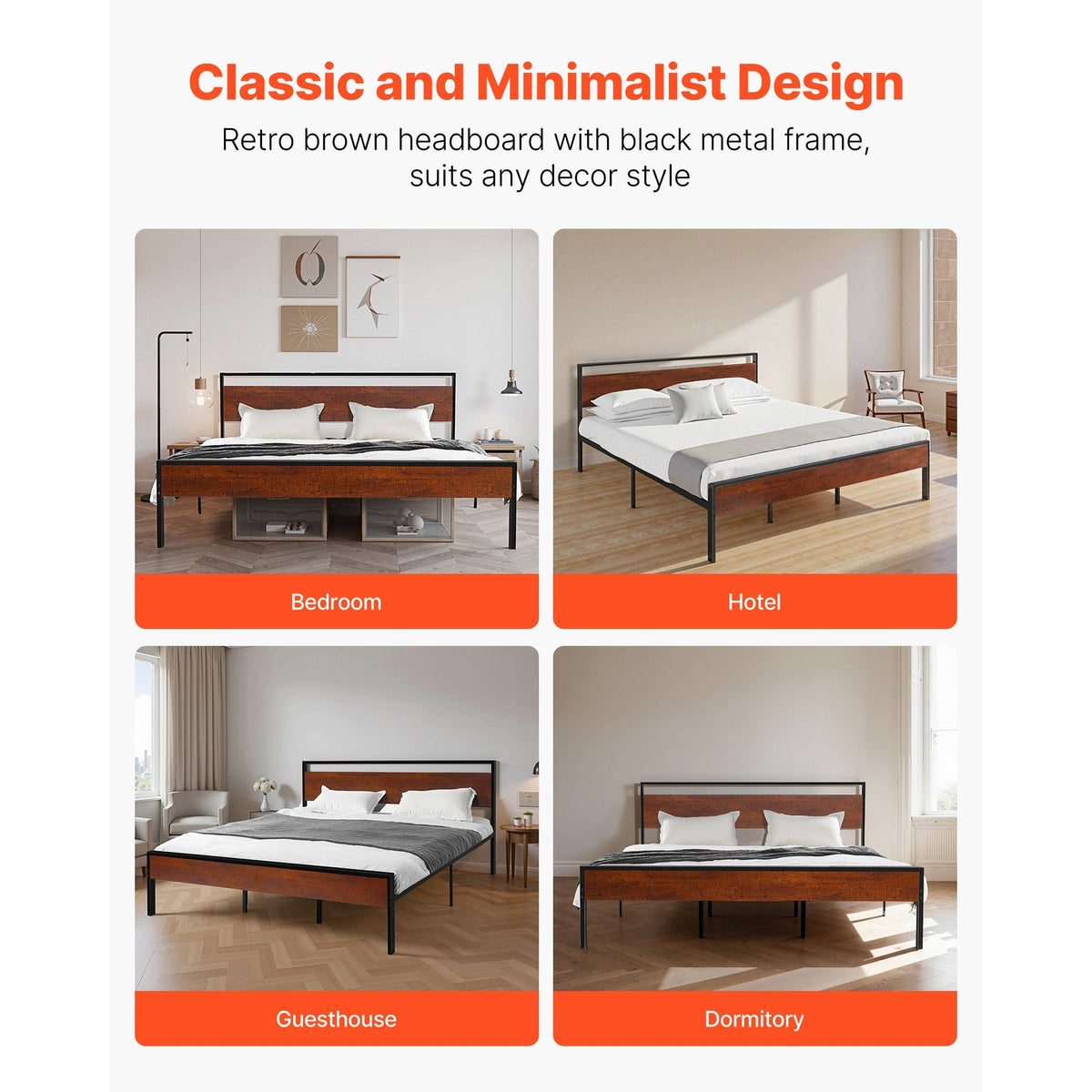 King Size Bed Frame, 14 Inch Black Metal Platform Bed Frame with Retro Brown Wooden Headboard and Footboard, Large Under-Bed Storage, Non-Slip Without Noise, No Box Spring Needed, Easy Assembly
