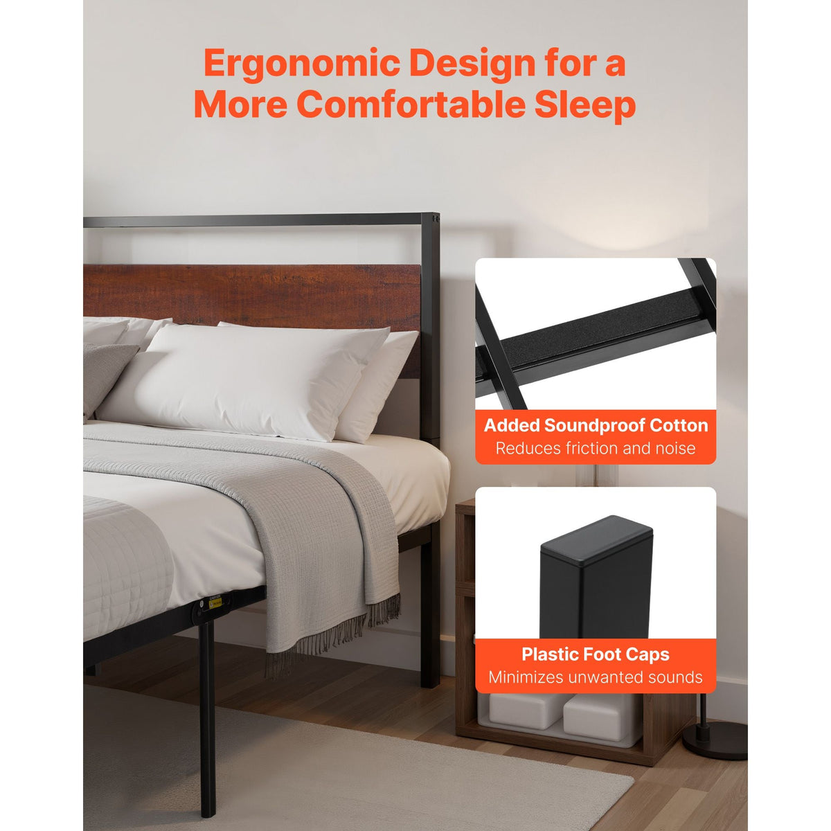 King Size Bed Frame, 14 Inch Black Metal Platform Bed Frame with Retro Brown Wooden Headboard and Footboard, Large Under-Bed Storage, Non-Slip Without Noise, No Box Spring Needed, Easy Assembly