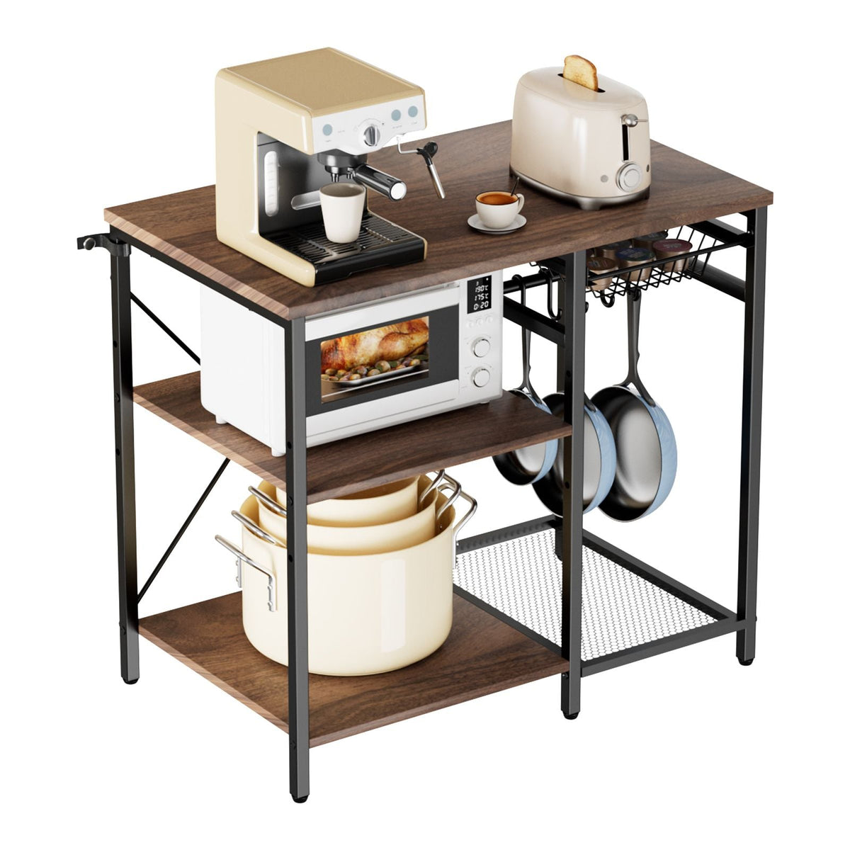 Kitchen Bakers Rack, 35.4 inch Width Bakers Rack, Kitchen Stand with X-Shaped Support Bar, 5 S-Shaped Hooks, Multi-Layer Storage Shelf, Coffee Bar Stand for Dishes & Bowls, Spice Bottles