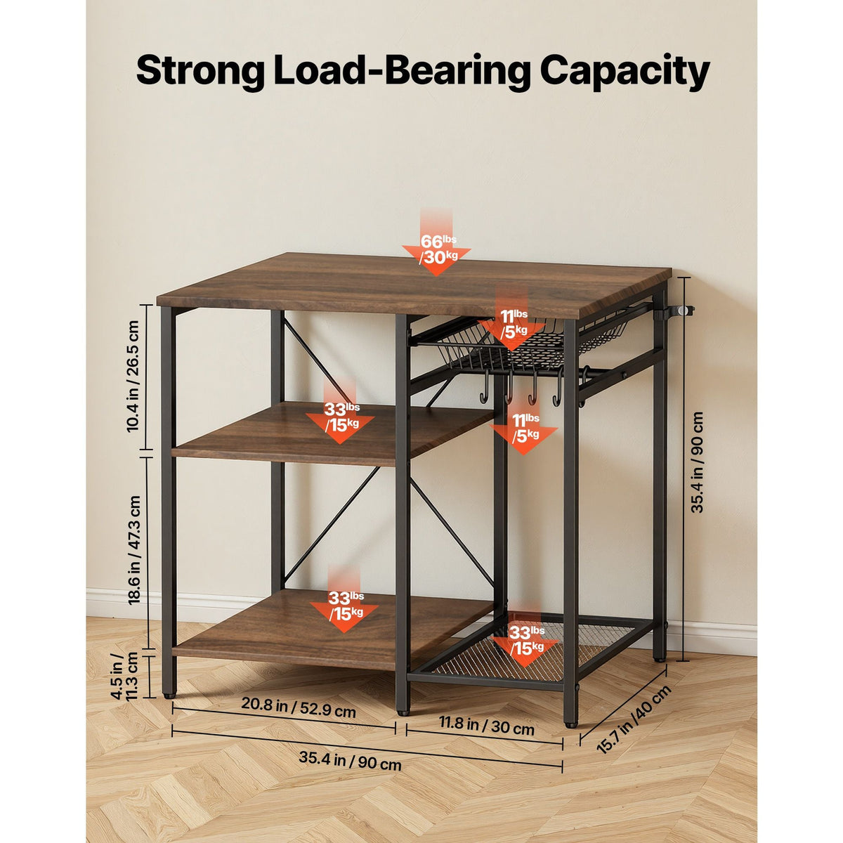 Kitchen Bakers Rack, 35.4 inch Width Bakers Rack, Kitchen Stand with X-Shaped Support Bar, 5 S-Shaped Hooks, Multi-Layer Storage Shelf, Coffee Bar Stand for Dishes & Bowls, Spice Bottles