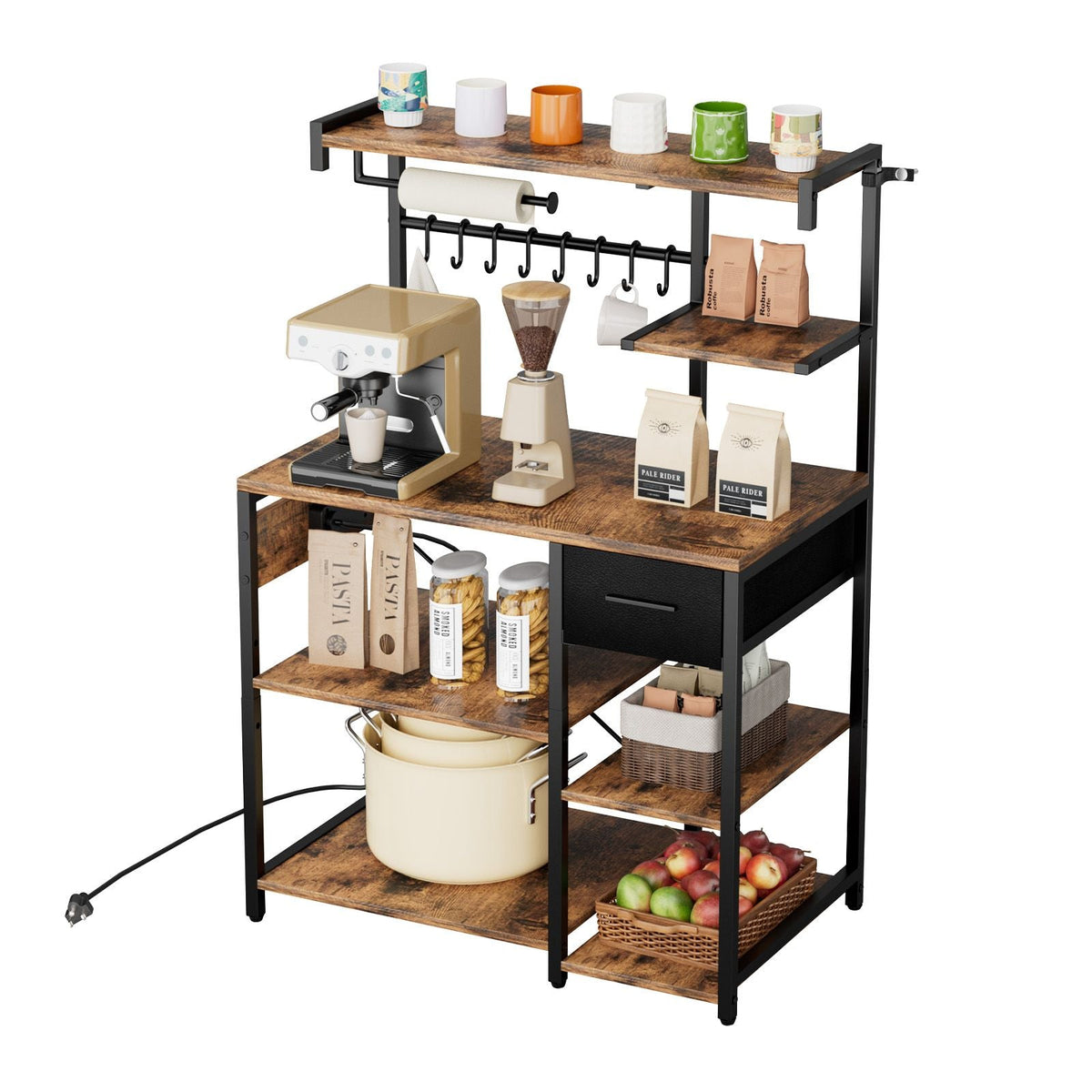 Kitchen Bakers Rack, 4.6ft Power Cable Bakers Rack with Power Outlet, Kitchen Stand with X-Shaped Support Bar, 8 S-Shaped Hooks, Coffee Bar Stand for Dishes, Spice Bottles, Built-In Power Strip