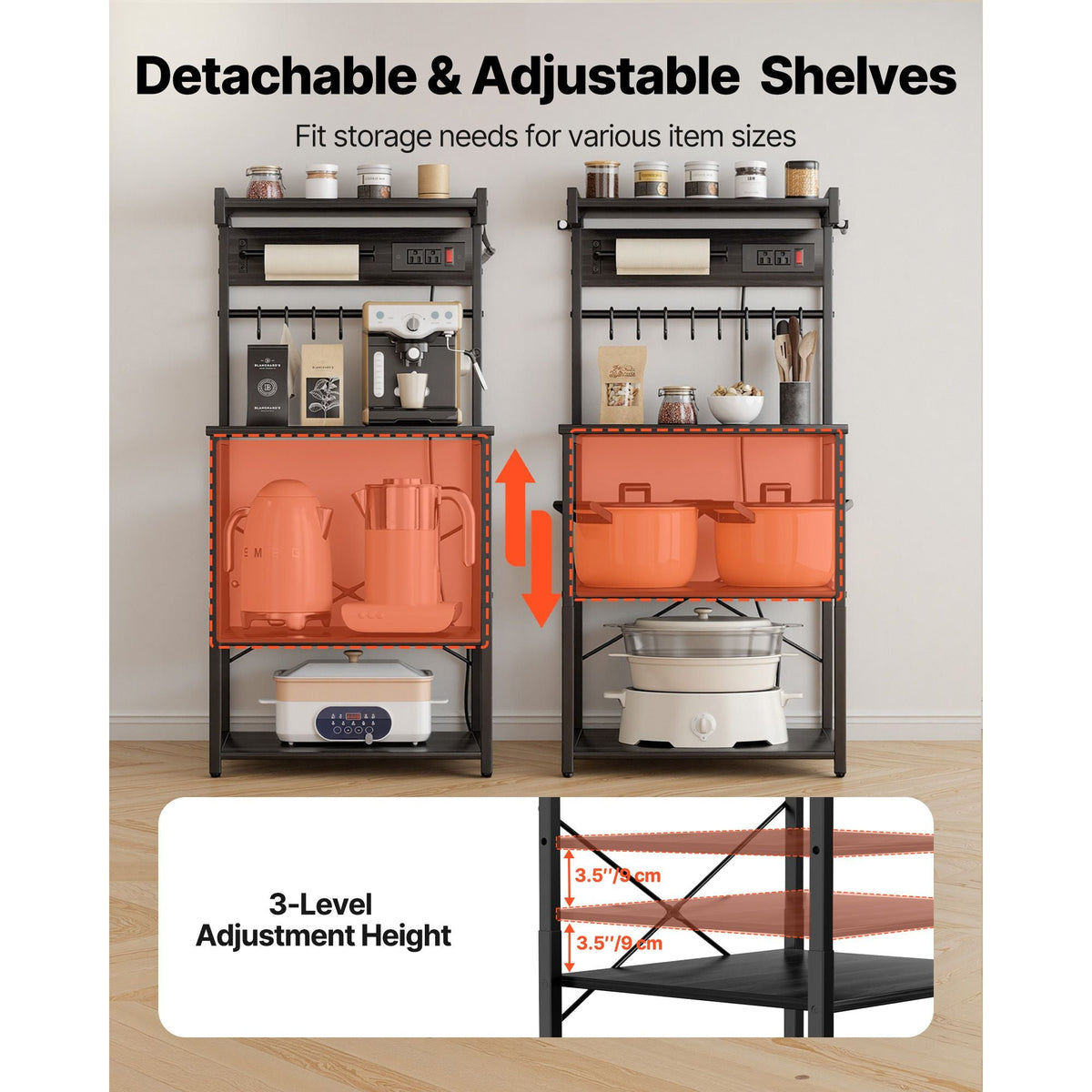 Kitchen Bakers Rack, 4.6ft Power Cable Bakers Rack with Power Outlet, Kitchen Stand with X-Shaped Support Bar, 8 S-Shaped Hooks, Coffee Bar Stand for Dishes, Spice Bottles, Built-In Power Strip